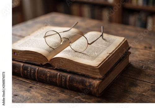 Auf einem alten Buch liegt eine Brille
