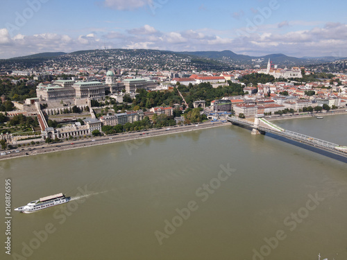 Editorial Use Only - Aerial view of Budapest, Hungary with Buda Castle, Szechenyi Chain Bridge, and Danube River