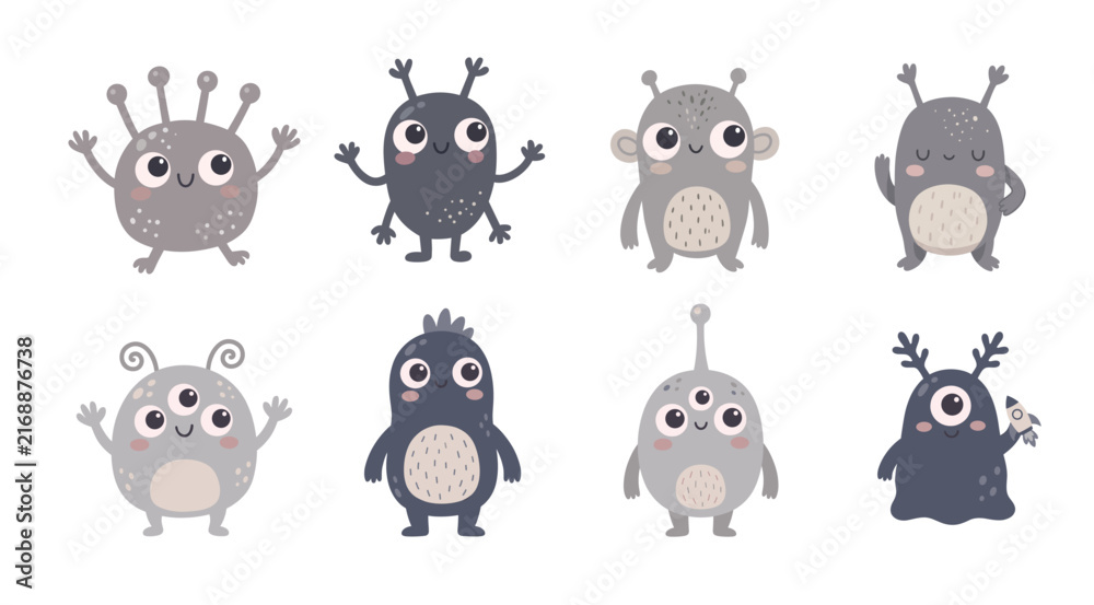 Fototapeta premium Scandinavian Alien Character Collection with Different Gray and Purple Extraterrestrial Creatures