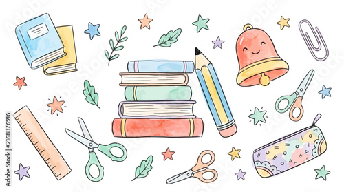 Cute Back to School Supplies Doodle Set with Watercolor Elements