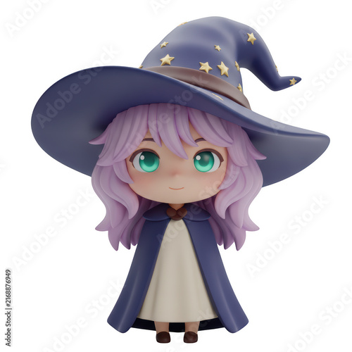 Cute chibi girl character wearing a magical wizard hat and purple cape for fantasy themed storybook design