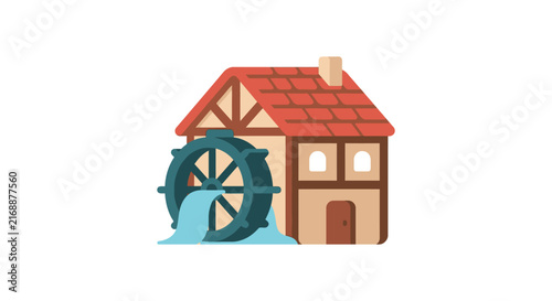 Картината върху платно Flat vector illustration of a traditional watermill with a red tiled roof and fl