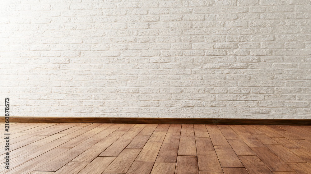 Fototapeta premium A bright room features a rustic white brick wall and polished wooden flooring. This empty space is ideal for product photography or home interior mockups.
