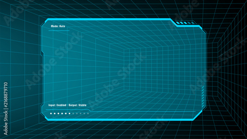 Futuristic HUD interface panel inside a three dimensional digital grid tunnel. Abstract user interface template for technology, gaming, science fiction, data visualization, and virtual reality design.