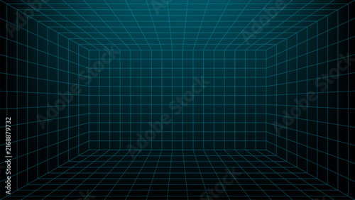 Futuristic teal grid room with perspective lines. HUD vector interface background for virtual reality, cyber technology, digital interface, gaming, and science fiction design.