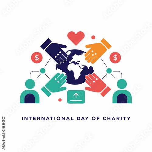 International Day of Charity Banner with Globe, Helping Hands, Heart and Donation Symbols – Vector Illustration