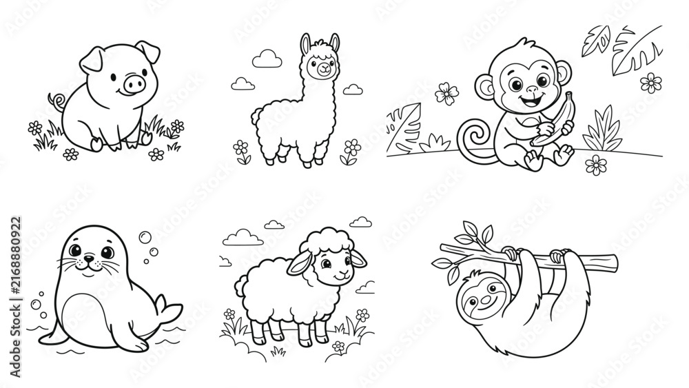 Naklejka premium Cute cartoon exotic and farm animals set featuring pig alpaca monkey seal sheep sloth line art drawings coloring page black and white background illustration character collection children