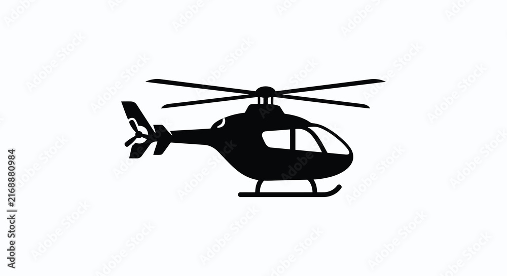 Fototapeta premium Black silhouette of a helicopter against a white background simple aviation design