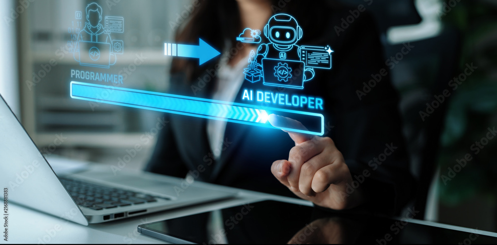 Fototapeta premium Businesswoman Transitioning from Programmer to AI Developer with Futuristic Interface and Technology Elements. Liminal.