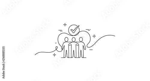 Continuous line drawing of three people standing together with a check mark symbol