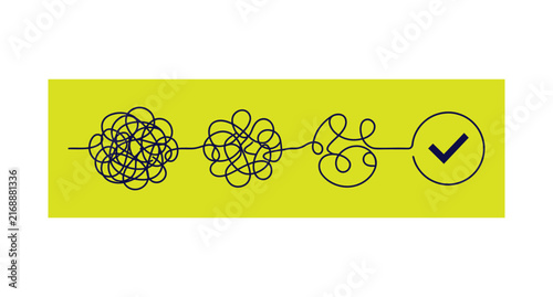 Process of simplifying complex tangled line into a clear path with a checkmark
