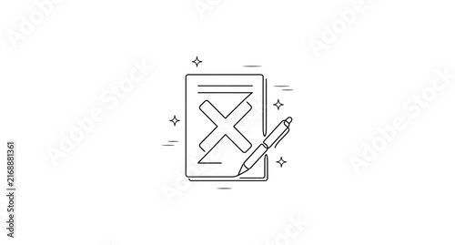 Continuous line drawing of a document with a cross mark and a pen