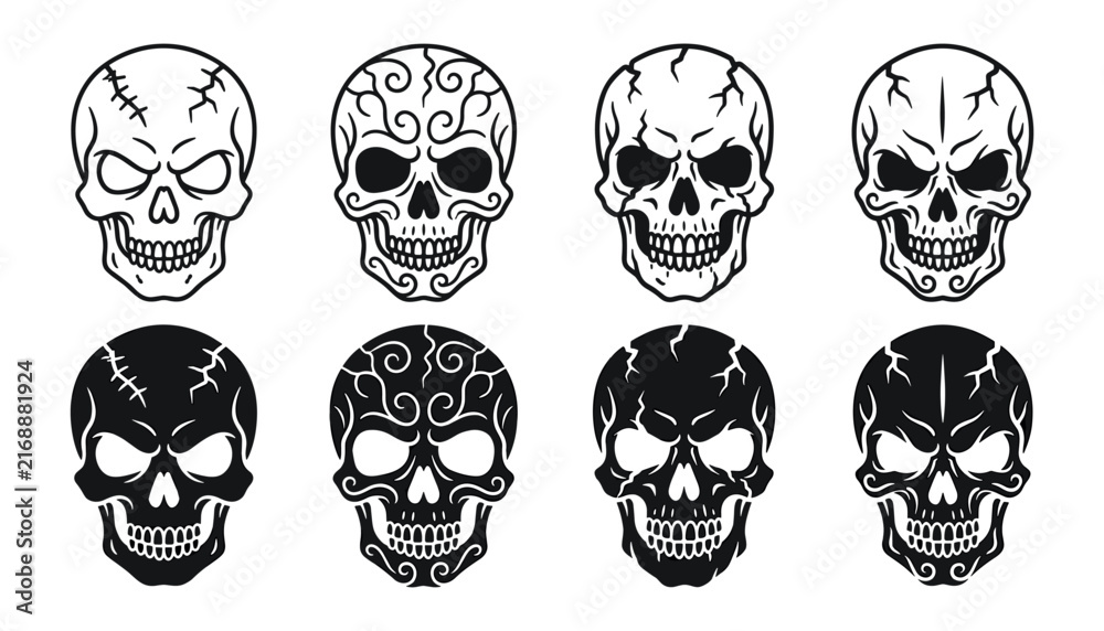 Fototapeta premium Set of eight detailed human skull illustrations in black and white style isolated on a white background for creative design projects