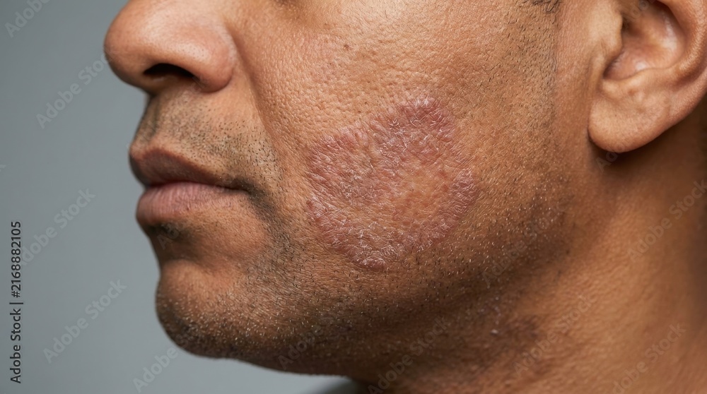 Naklejka premium Close up profile view of a man with acne scarring on his cheek