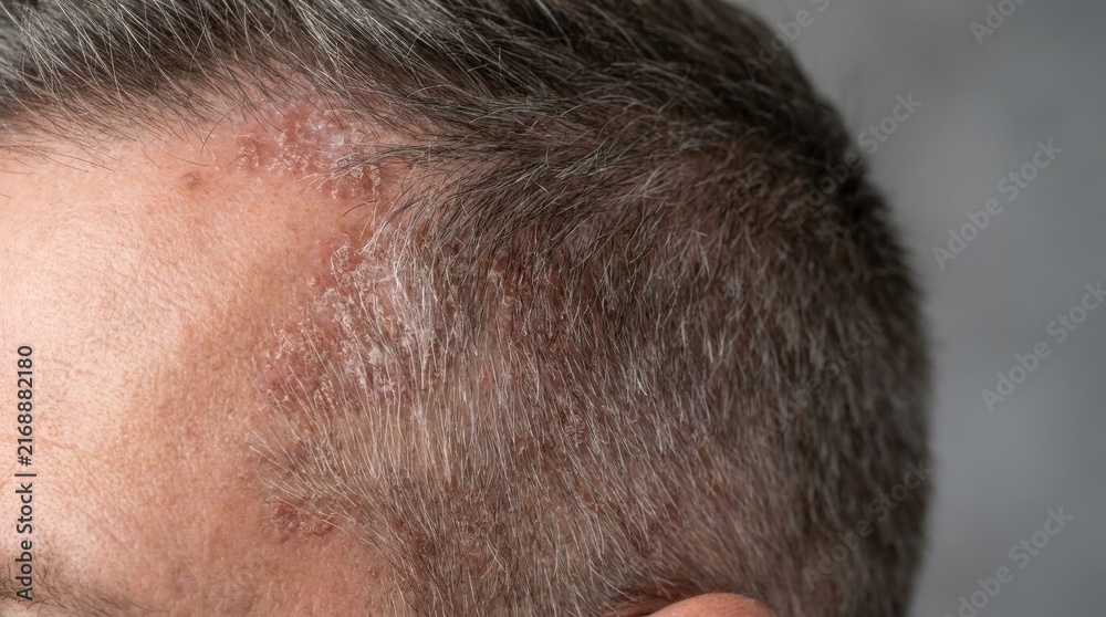 Fototapeta premium Close up view of a man with thinning hair and signs of male pattern baldness