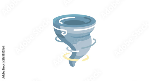 A stylized tornado illustration features swirling shades of blue and gray