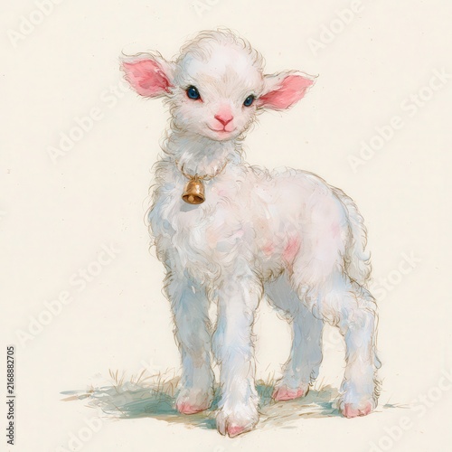 Adorable watercolor painting of a fluffy white lamb with a golden bell around its neck
