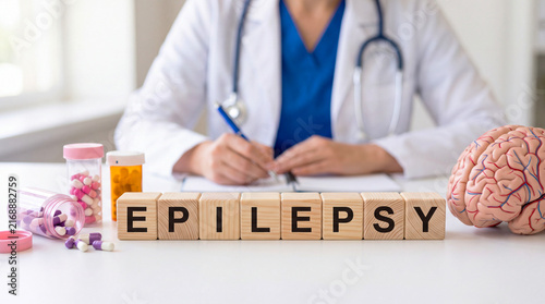 Doctor writing with epilepsy letter blocks, pill bottles, and brain model on the clinic desk