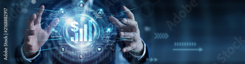 Revenue growth. Sales director holding glowing increase sales projections over a global network on an abstract dark background. Market strategy and performance.