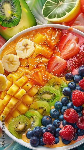 This fruit bowl is a rainbow of healthy eating, featuring fresh fruits like kiwi, blueberries, and raspberries, all combined for a colorful and nutritious treat