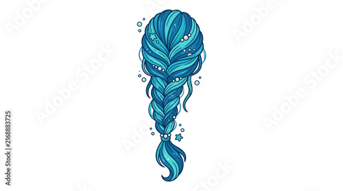 Intricate blue braided hairstyle with stars and bubbles.