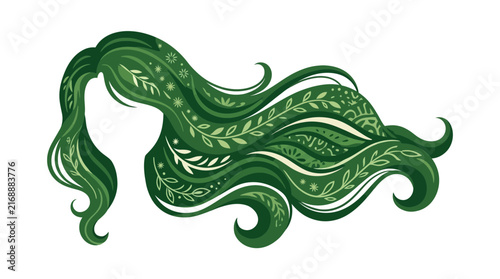 Flowing green hair with integrated decorative leaf patterns.