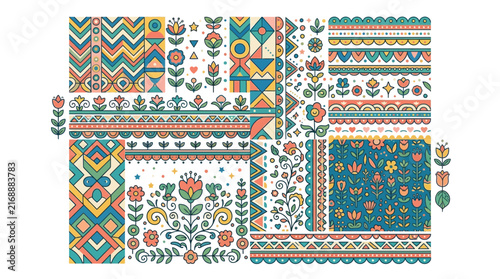 Folk art style floral and geometric pattern squares.
