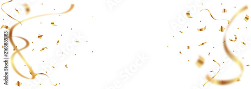 Gold ribbon and confetti festive greeting celebration decoration background isolated on transparent background
