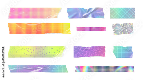 Set of holographic adhesive tape strips with geometric grid patterns isolated on transparent background