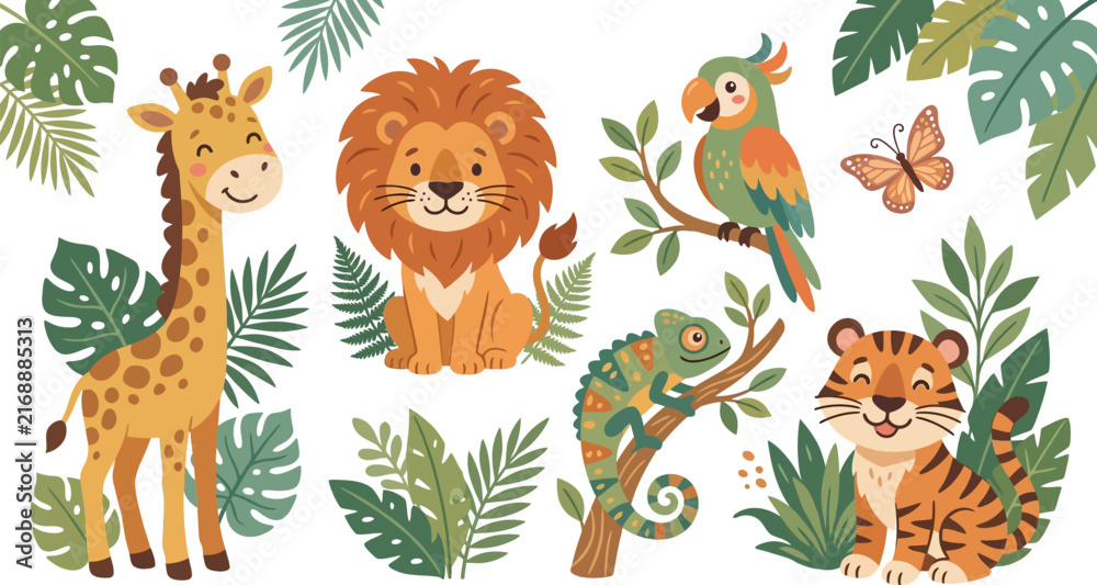 Naklejka premium Cute cartoon jungle animals set with giraffe lion parrot chameleon and tiger surrounded by tropical green leaves
