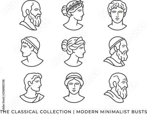 Set of nine classical greek and roman sculpture busts in a modern minimalist line art style for historical design