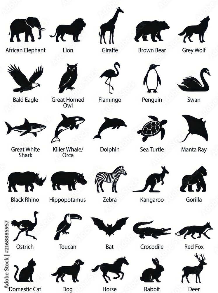 Naklejka premium Collection of 30 Animal Silhouettes with Names Including Elephant Lion Giraffe and Shark for Educational Design