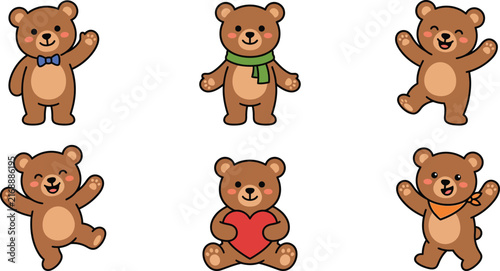 Collection of cute cartoon teddy bears with different expressions isolated on a transparent background