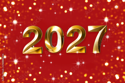 Golden 2027 new year celebration on red background with festive sparkle and glitter accents