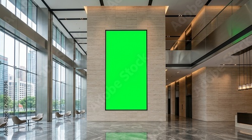 Modern office lobby with vertical green screen billboard mockup