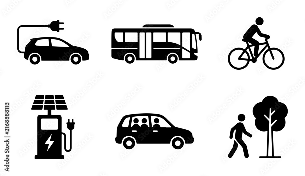 Fototapeta premium Eco-Friendly Transportation Icons: Electric Car, Bus, Bicycle, Solar Charging, Family Car, Pedestrian
