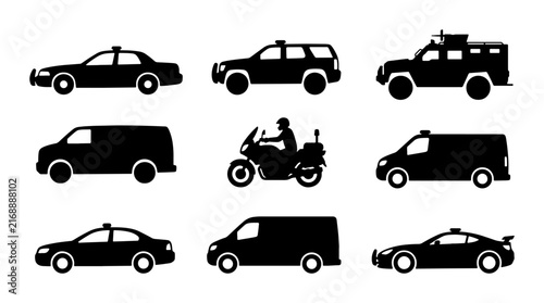 Police Vehicle Icons Set: Patrol Cars, SUV, Motorcycle, Van, Security Transport