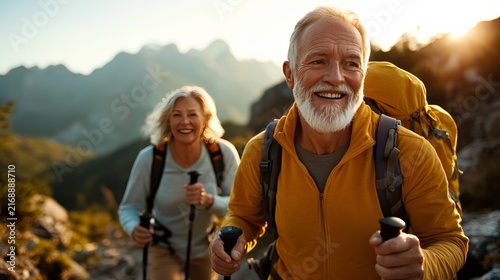 Golden Years on the Trail: A joyful senior couple, beaming with happiness, embarks on a mountain hike, their backpacks ready and hiking poles in hand, as the golden sun sets behind the majestic peaks.