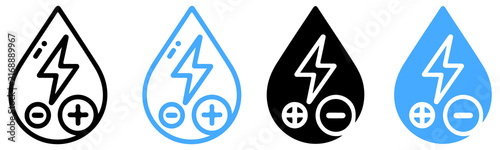 Konstfotografi Four droplet with lightning bolt and plus minus symbols in black and blue