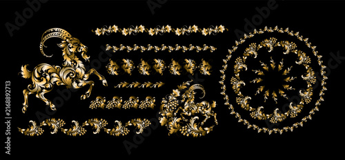 Фотография Vector colorful illustration of golden horse made of Khokhloma patterns and ornaments, the symbol of the 2027 Chinese New Year