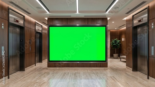 Modern office lobby with chroma key green screen billboard mockup