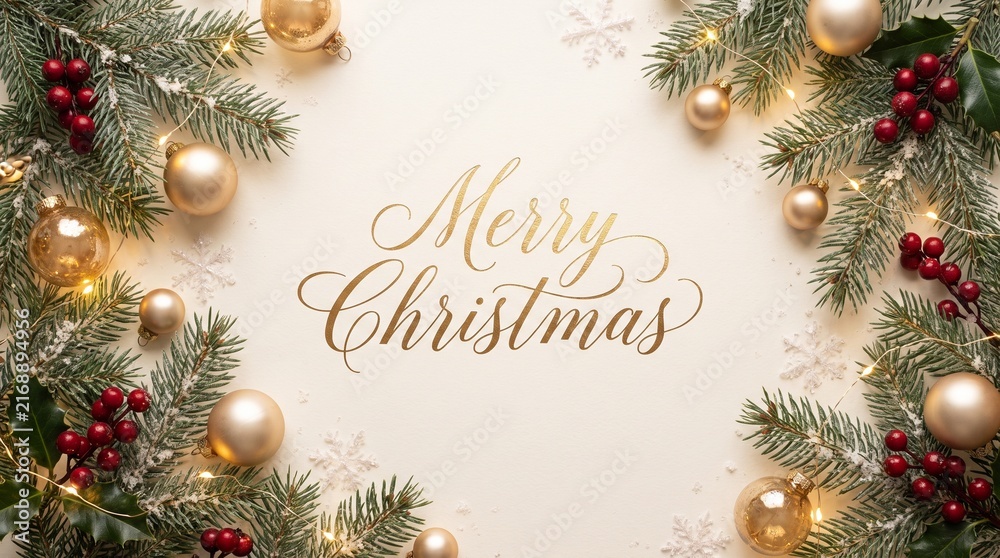 Obraz premium Merry Christmas and Happy New Year Festive Background with Golden Baubles, Fir Branches and Greeting Calligraphy