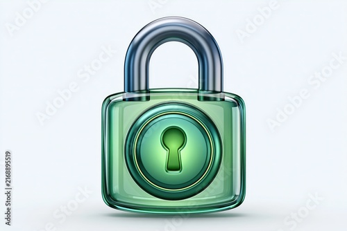 Green glass padlock with steel shackle cybersecurity concept render