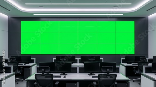 Modern control room video wall with green screen background