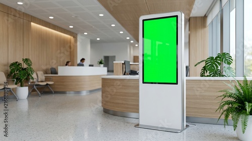 Modern office reception area featuring a vertical digital signage kiosk with a green screen display for custom branding and business marketing