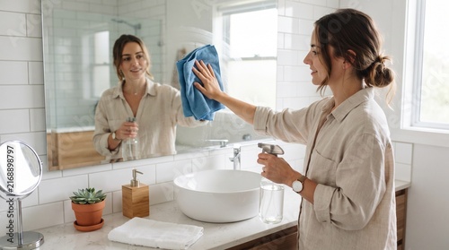 Woman Cleaning Bathroom Mirror: A woman with a contented smile wipes a sparkling clean bathroom mirror with a blue microfiber cloth, a spray bottle in hand, reflecting her diligent effort.