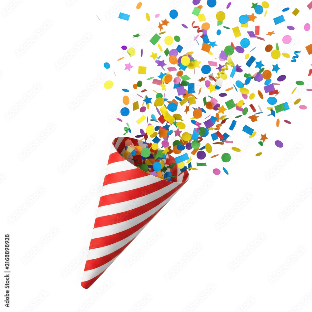 Obraz premium Red and white striped party popper exploding with colorful confetti isolated on transparent background