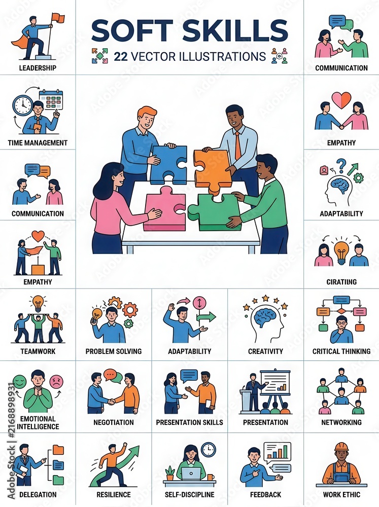 Naklejka premium Soft Skills Vector Illustration Set for Business Training and Personal Development with Diverse Characters