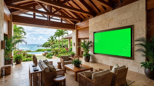 Luxury Tropical Villa Living Room with TV Green Screen Mockup