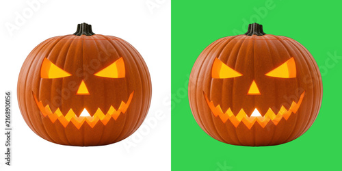 Foto Two identical glowing jack-o'-lanterns presented on contrasting black and vibran